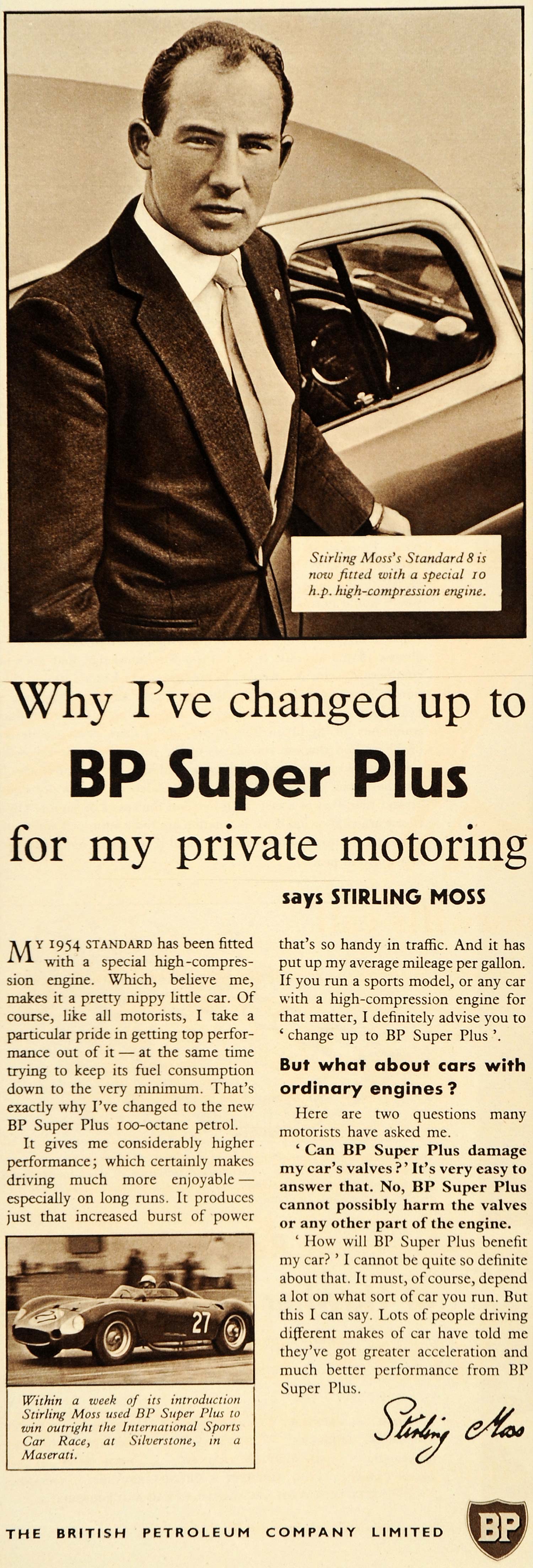 1956 Ad BP Super Plus Gas Stirling Moss Maserati Racer - ORIGINAL LN1