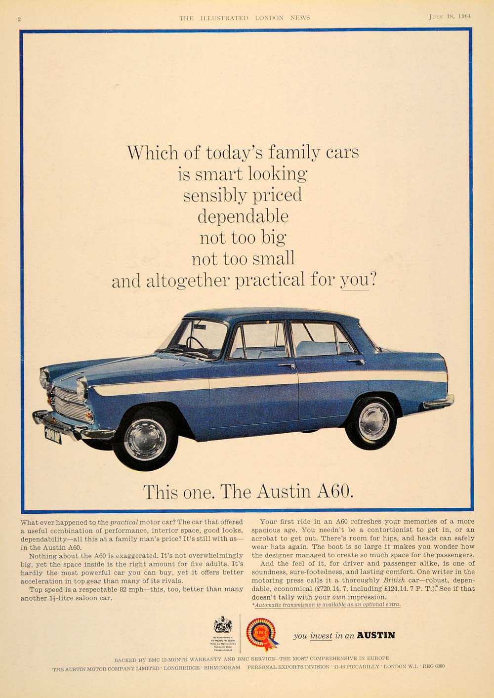 1964 Ad Austin A60 Blue British Car Automobile BMC - ORIGINAL ADVERTISING LN1