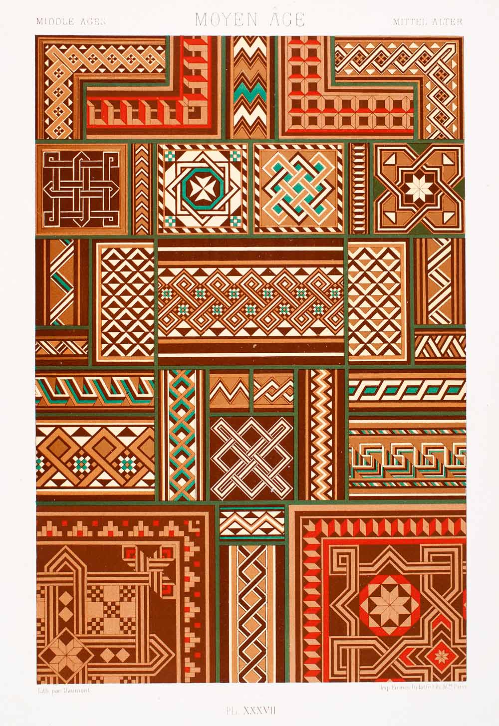 1875 Chromolithograph Medieval Woodwork Design Pattern Border Inlay Motif LOR1