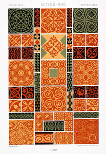 1875 Chromolithograph Medieval Design Tile Pattern 13th Century France LOR1
