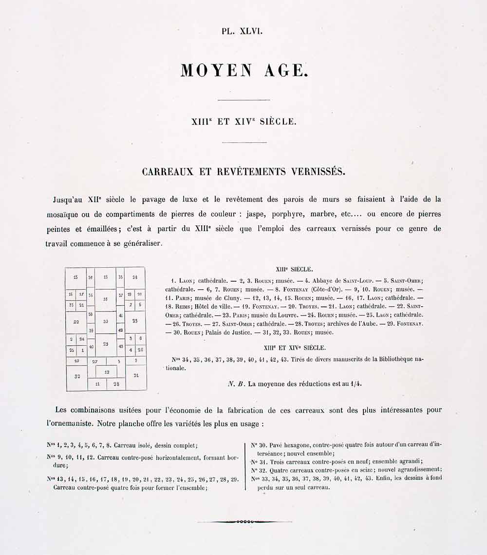 1875 Chromolithograph Medieval Design Tile Pattern 13th Century France LOR1