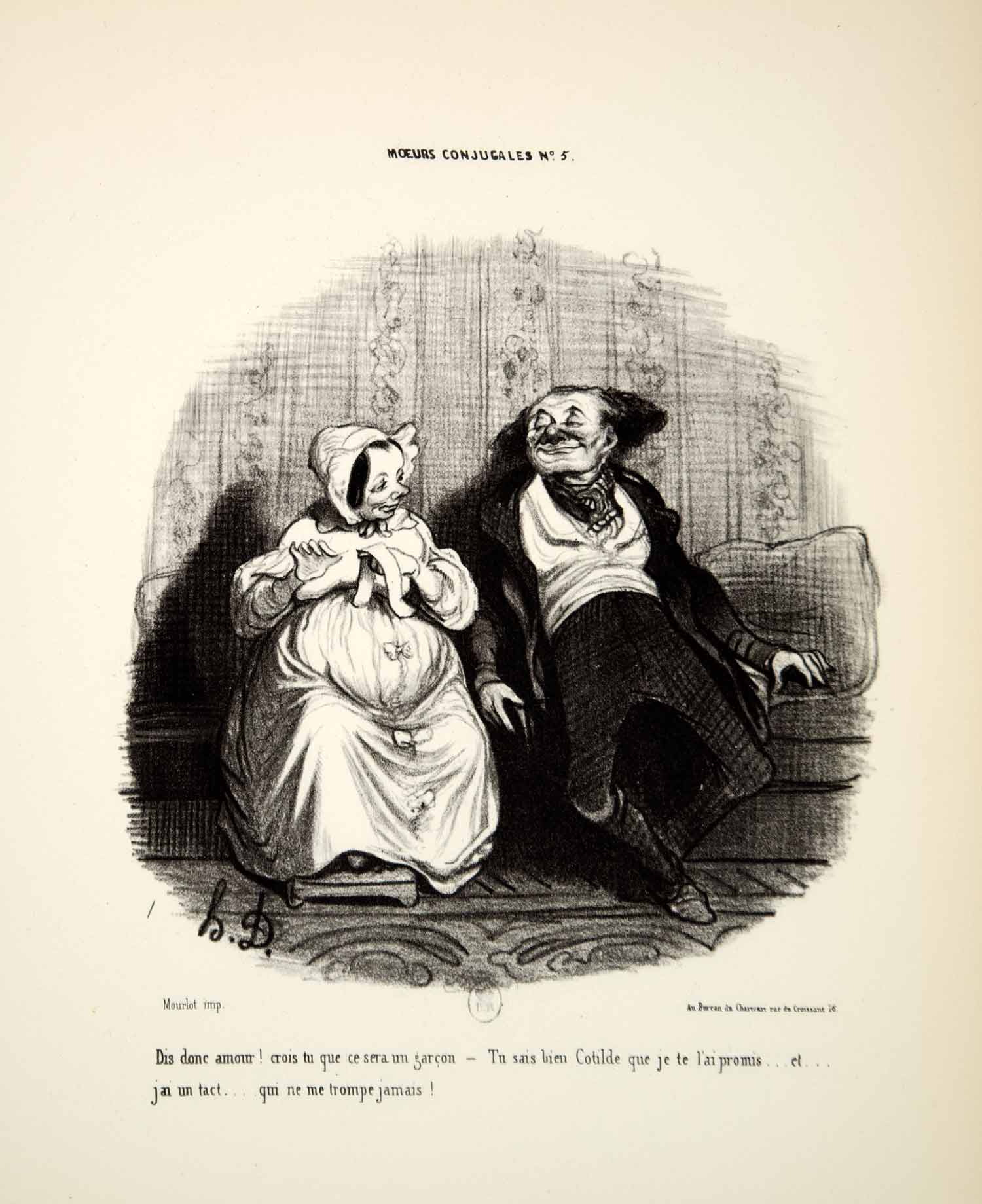 1968 Lithograph Honore Daumier Art Married Life Pregnant Wife Father Baby Satire