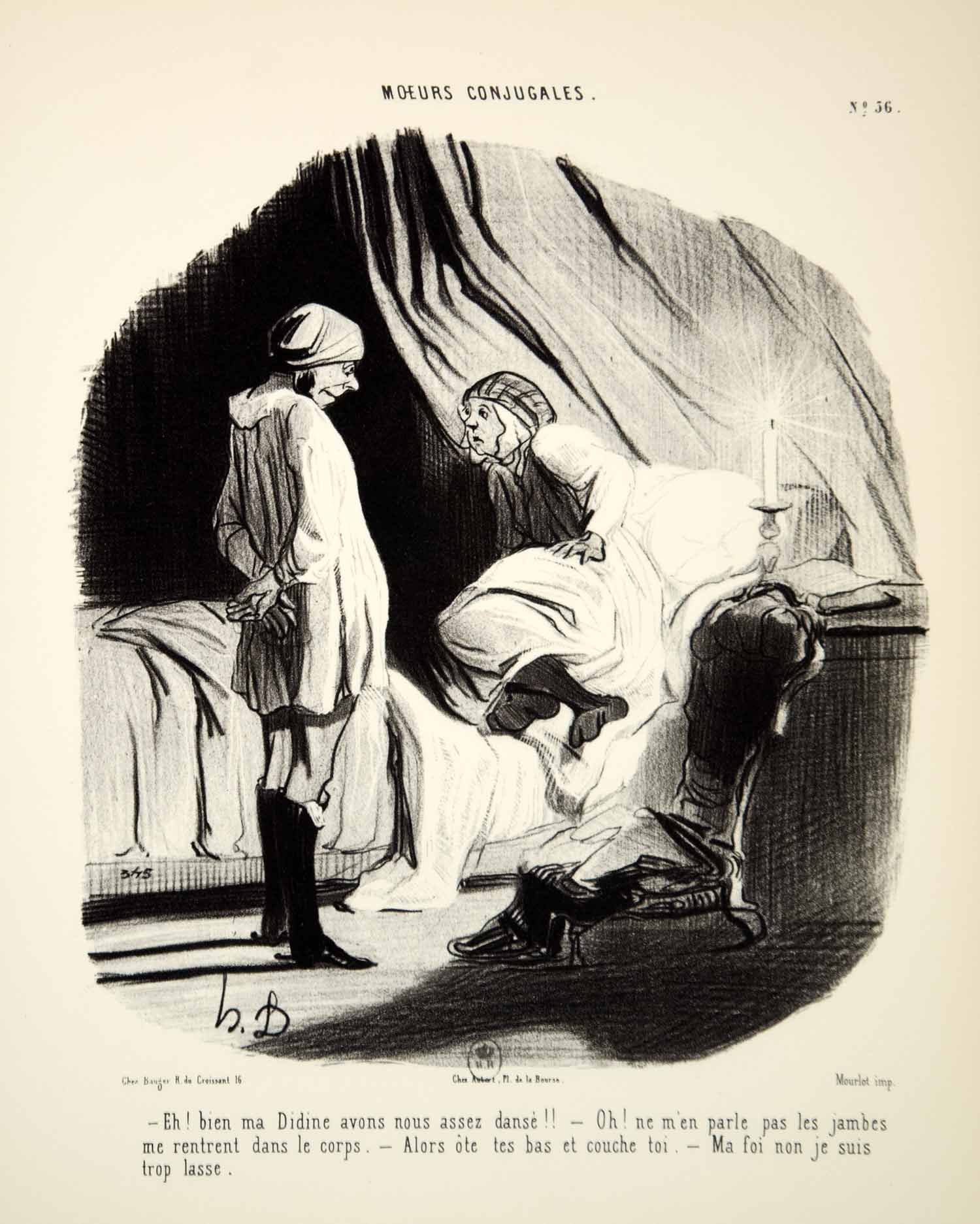 1968 Lithograph Honore Daumier Married Life Husband Wife Bedtime Happy Couple