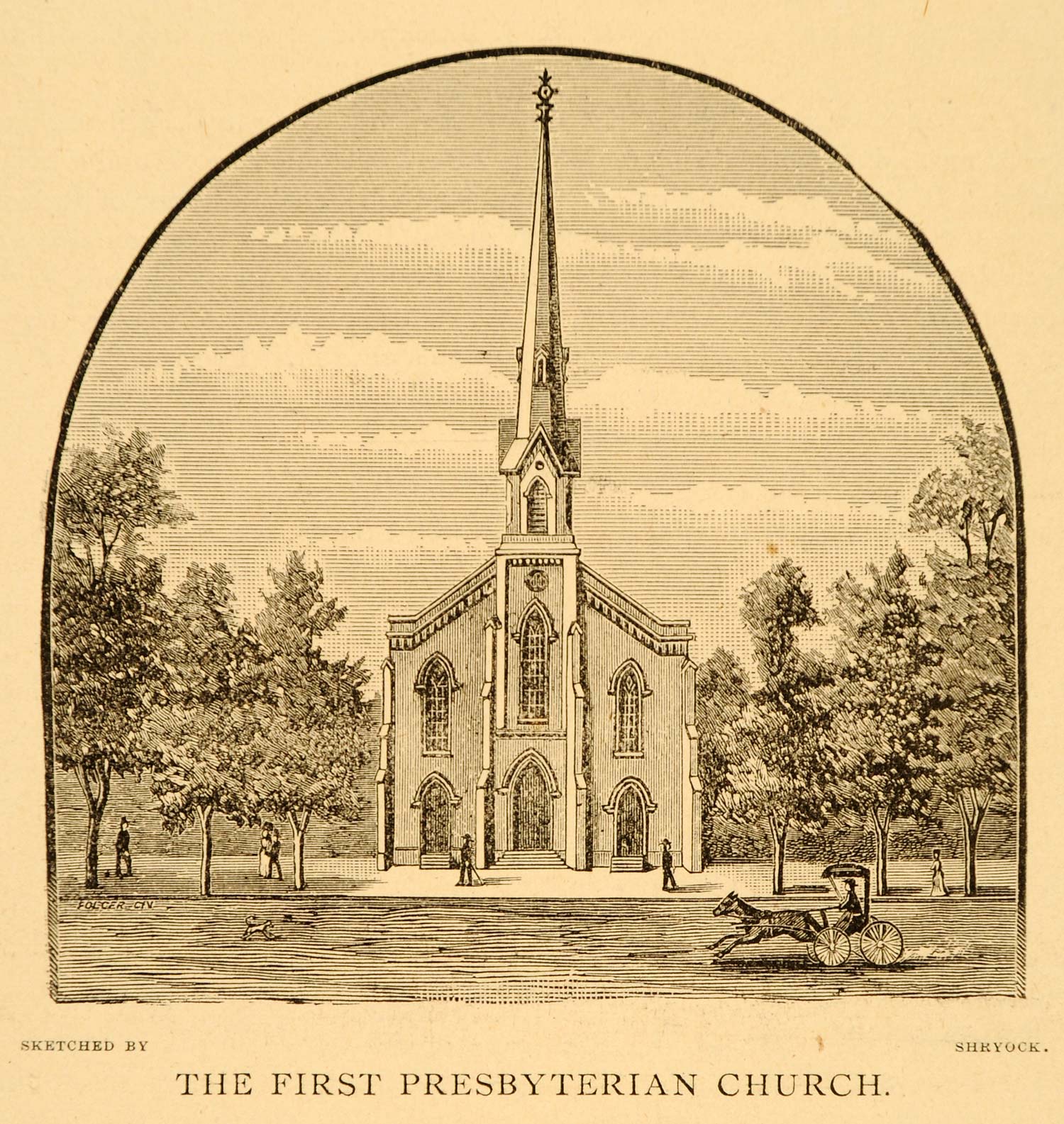 1883 Woodcut Lexington KY First Presbyterian Church - ORIGINAL LX1