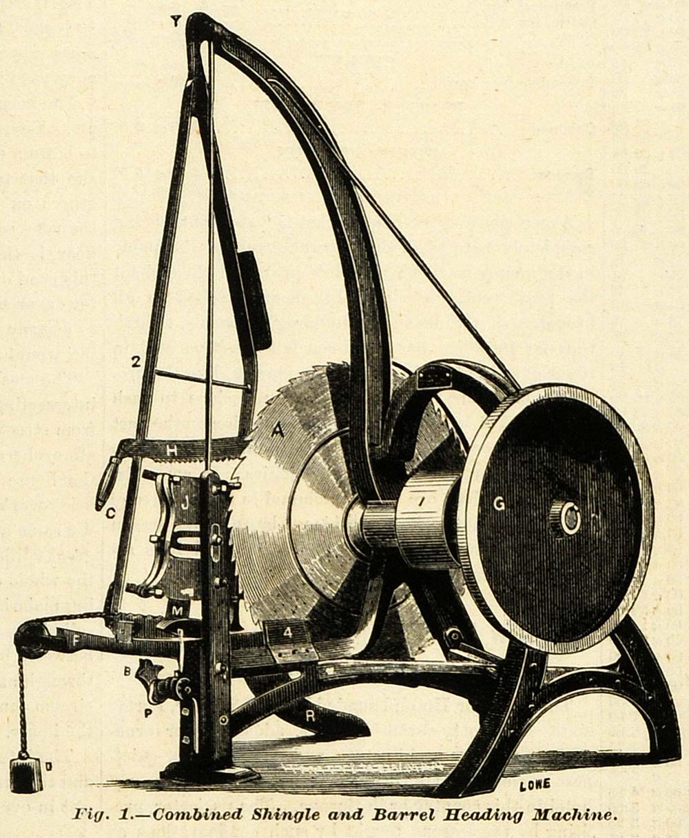 1873 Print Combined Shingle Barrel Heading Machine Trevor Lockport NY MAB1