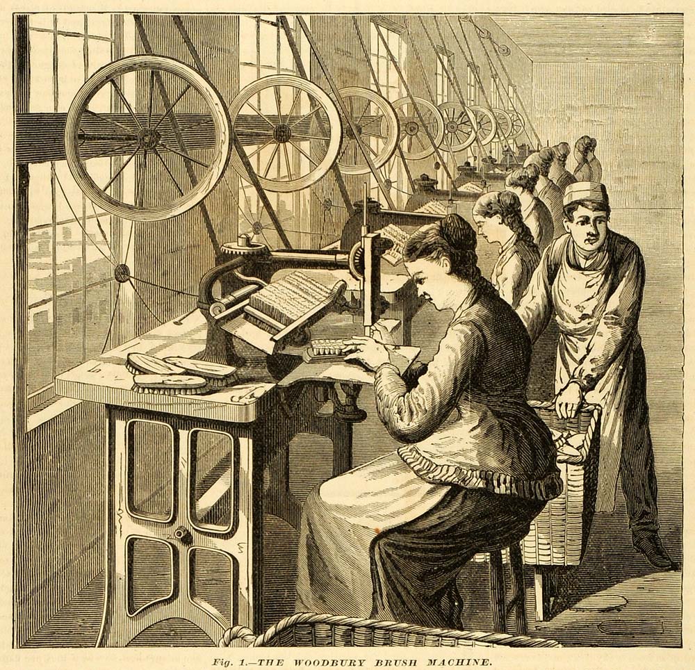 1878 Print Woodbury Brush Machine Brothers NYC Women Workers Factory Plant MAB1
