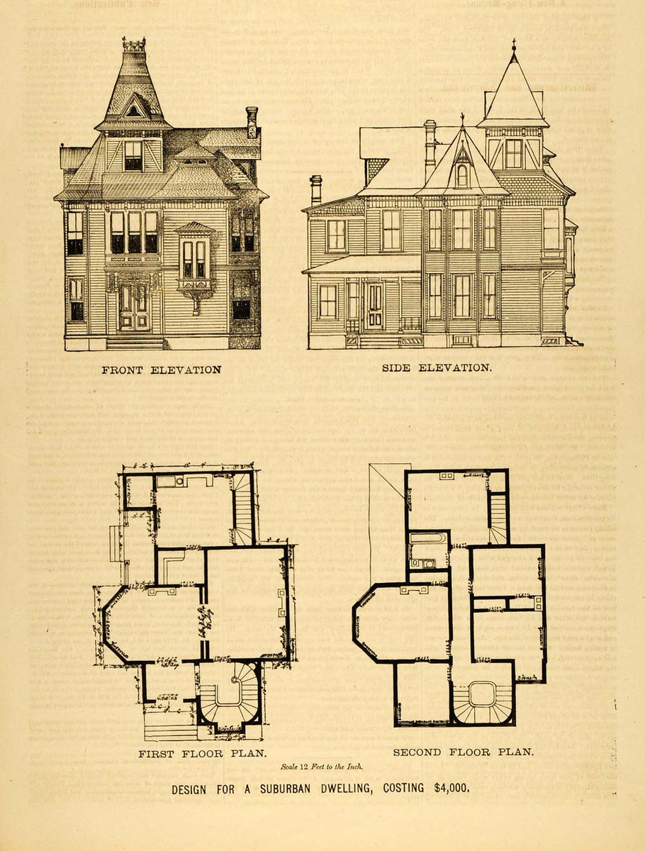 1878 Print Victorian Suburban House Architectural Design Floor Plans D ...