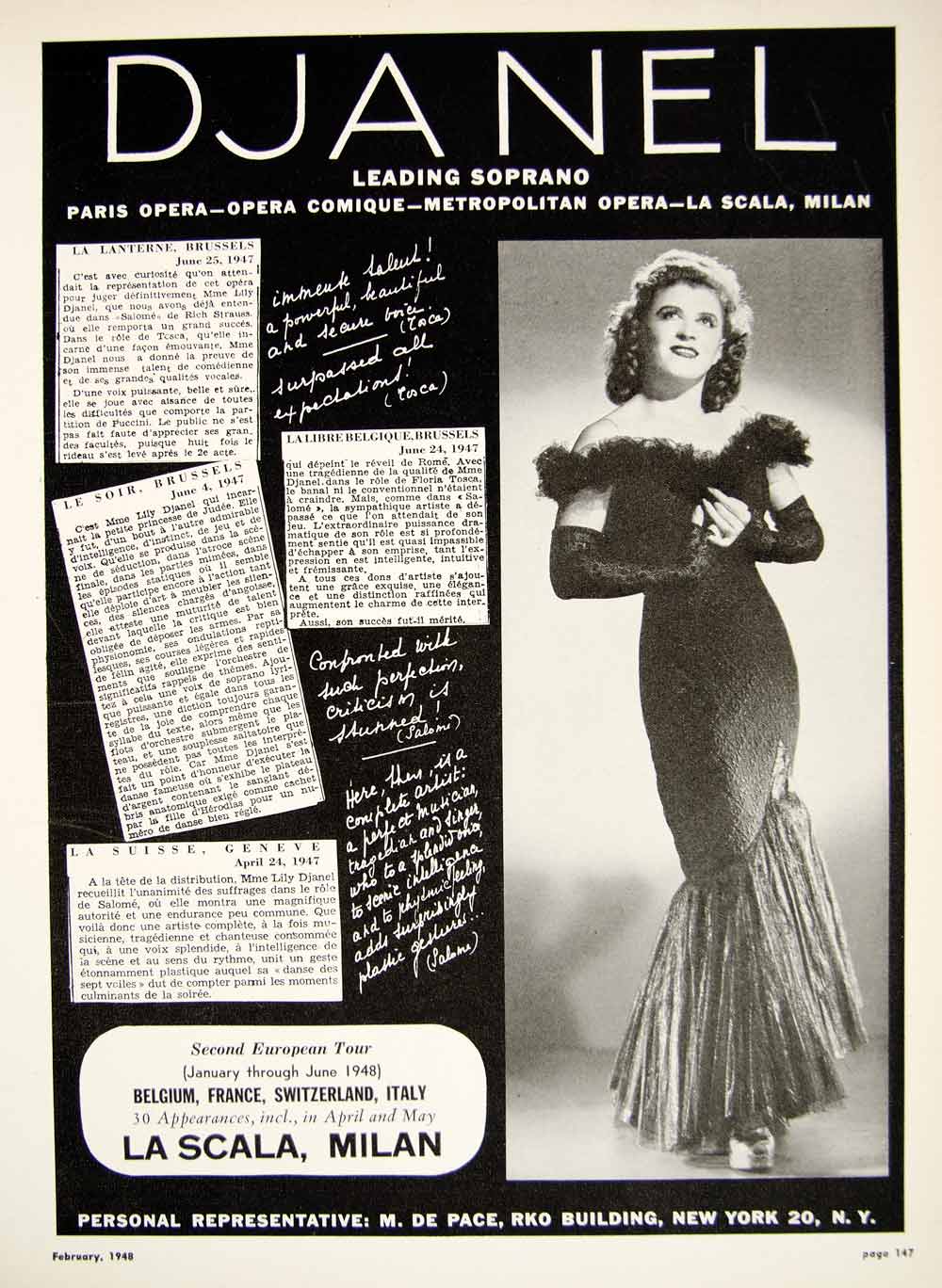 1948 Booking Ad Lily Djanel Leading Soprano Singer Opera Comique Music Tour  MAM1