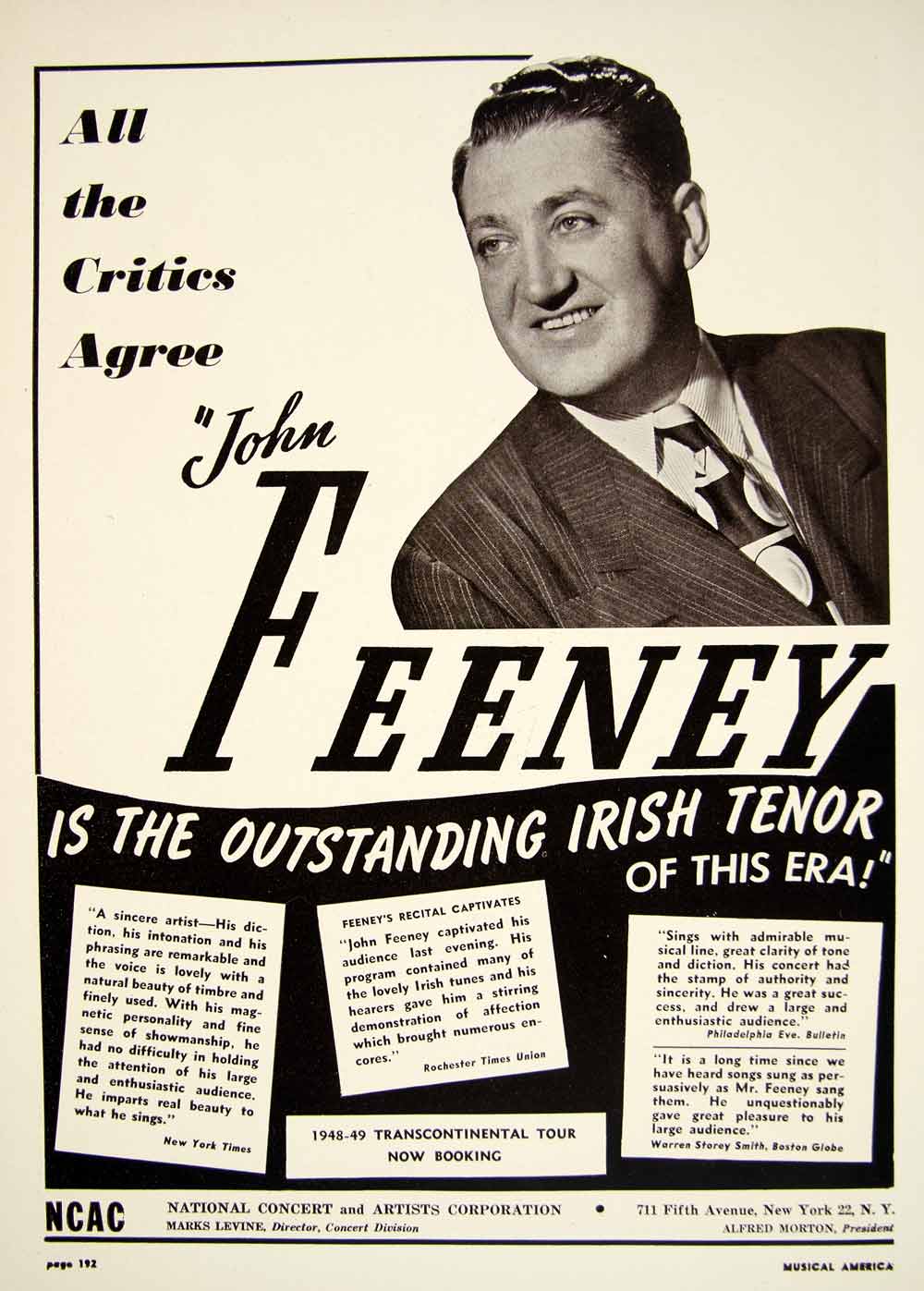 1948 Booking Ad John Feeney Irish Tenor Singer Concert Radio Music Songs MAM1