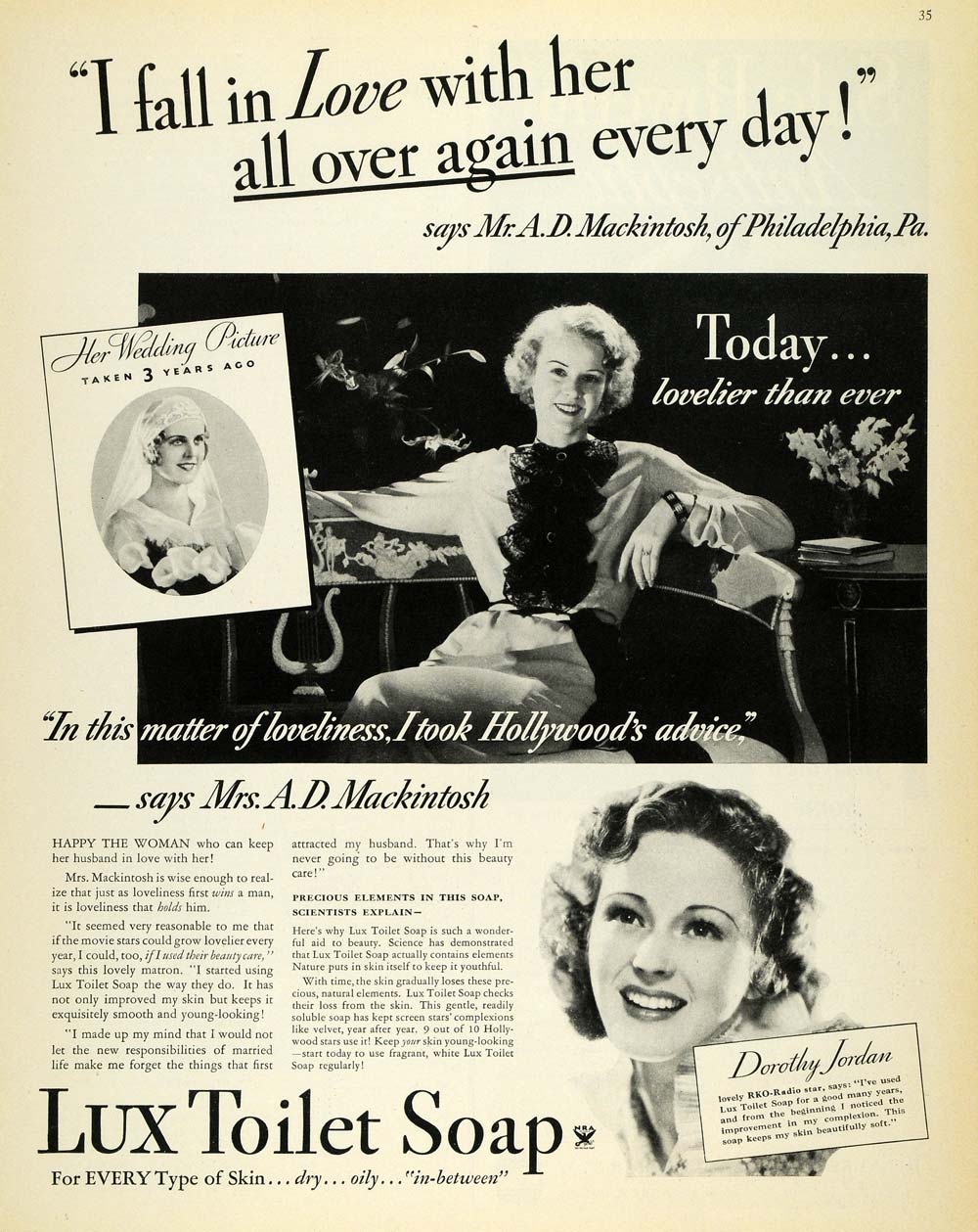 1934 Ad Lux Toilet Soap Skin Dorothy Jordan Hollywood - ORIGINAL MCC4