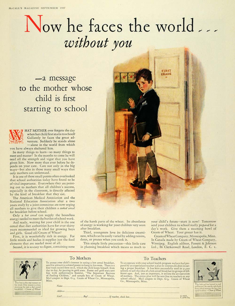 1927 Ad Cream Wheat Cereal Boy First Day School Mother - ORIGINAL MCC4