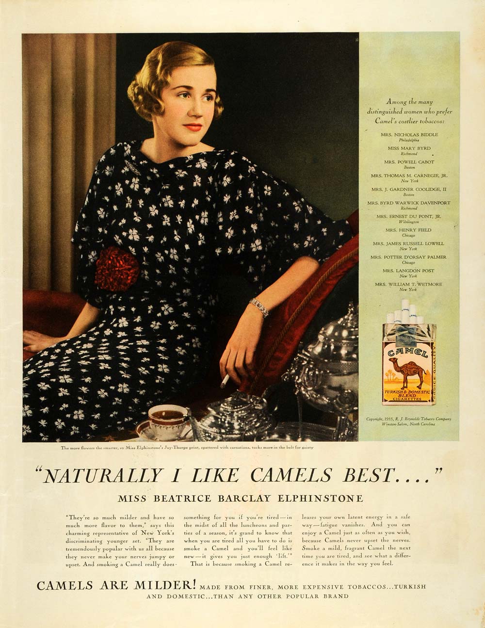 1935 Ad Reynolds Camels Beatrice Barclay Elphinstone ORIGINAL ADVERTISING MCC4