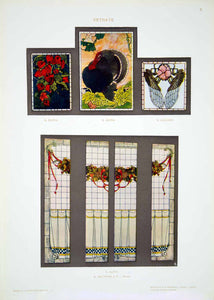 1917 Photolithograph Stained Glass Windows Art Nouveau Floral Turkey Insect MDA1