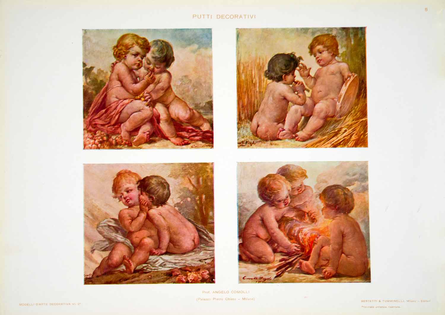 1917 Photolithograph Art Nouveau Putti Nude Cherubs Naked Angelo Comolli MDA5