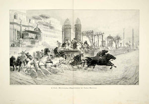 1907 Wood Engraving Chariot Racing Circus Maximus Rome Roman Forti Horses MK2