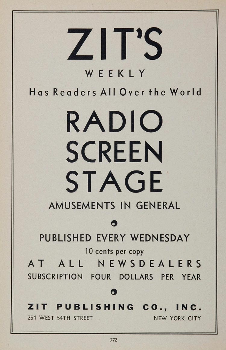 1936 Ad Zit's Weekly Radio Screen Stage Amusements - ORIGINAL ADVERTISING MOVIE