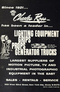 1958 Ad Charles Ross Lighting Photographic Equipment - ORIGINAL MOVIE