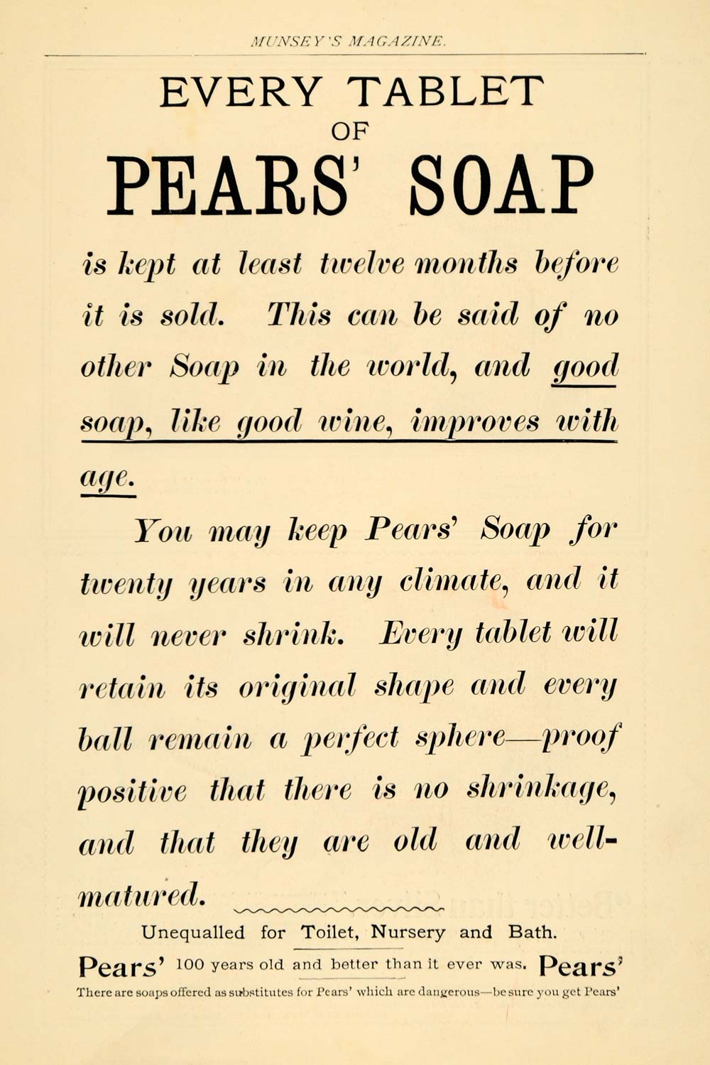 1895 Ad Pears Soap Kept 12 Months Before Sold Aged Wine - ORIGINAL MUN1