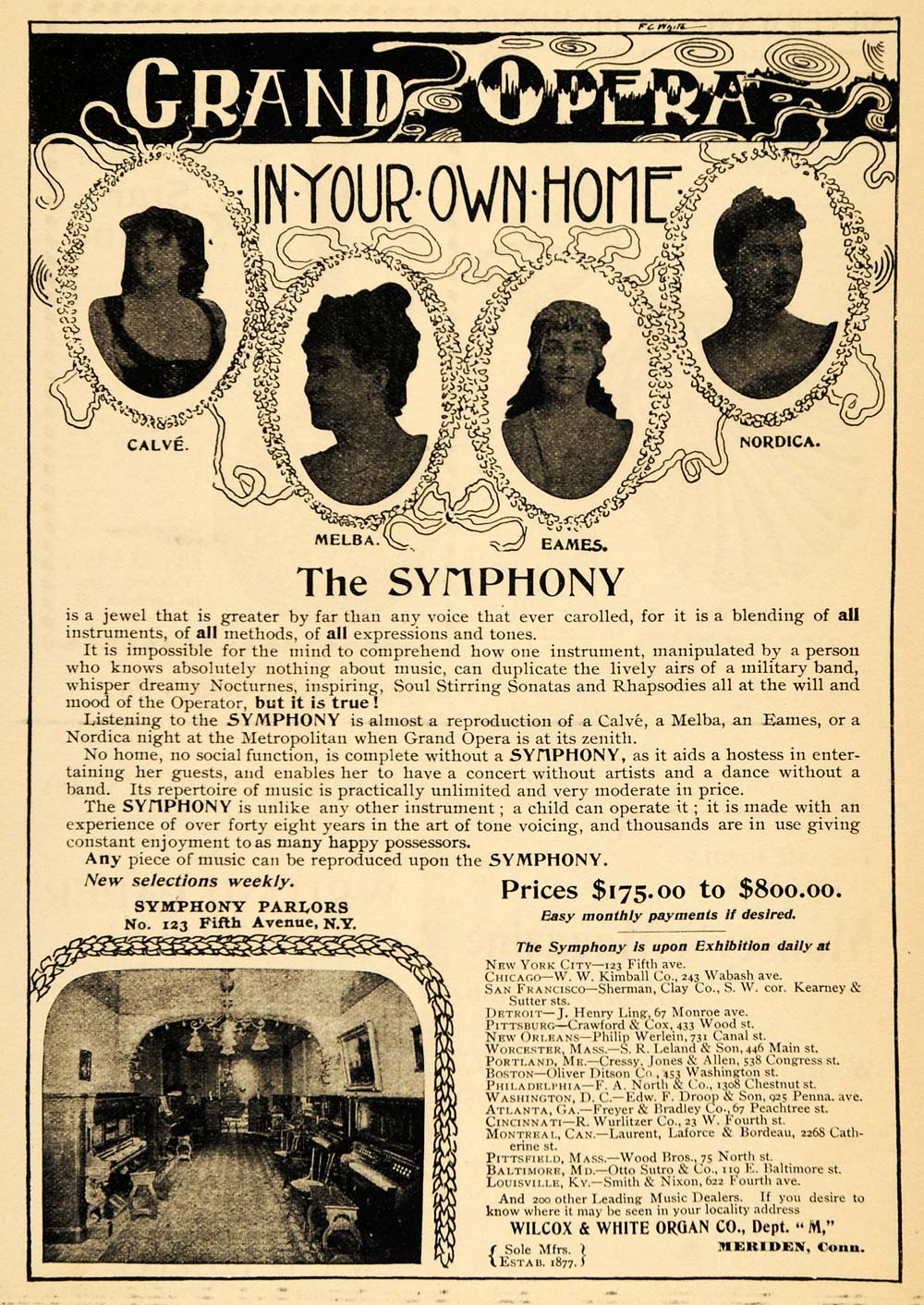 1895 Ad Opera Melba Eames Symphony Wilcox White Organ - ORIGINAL MUN1