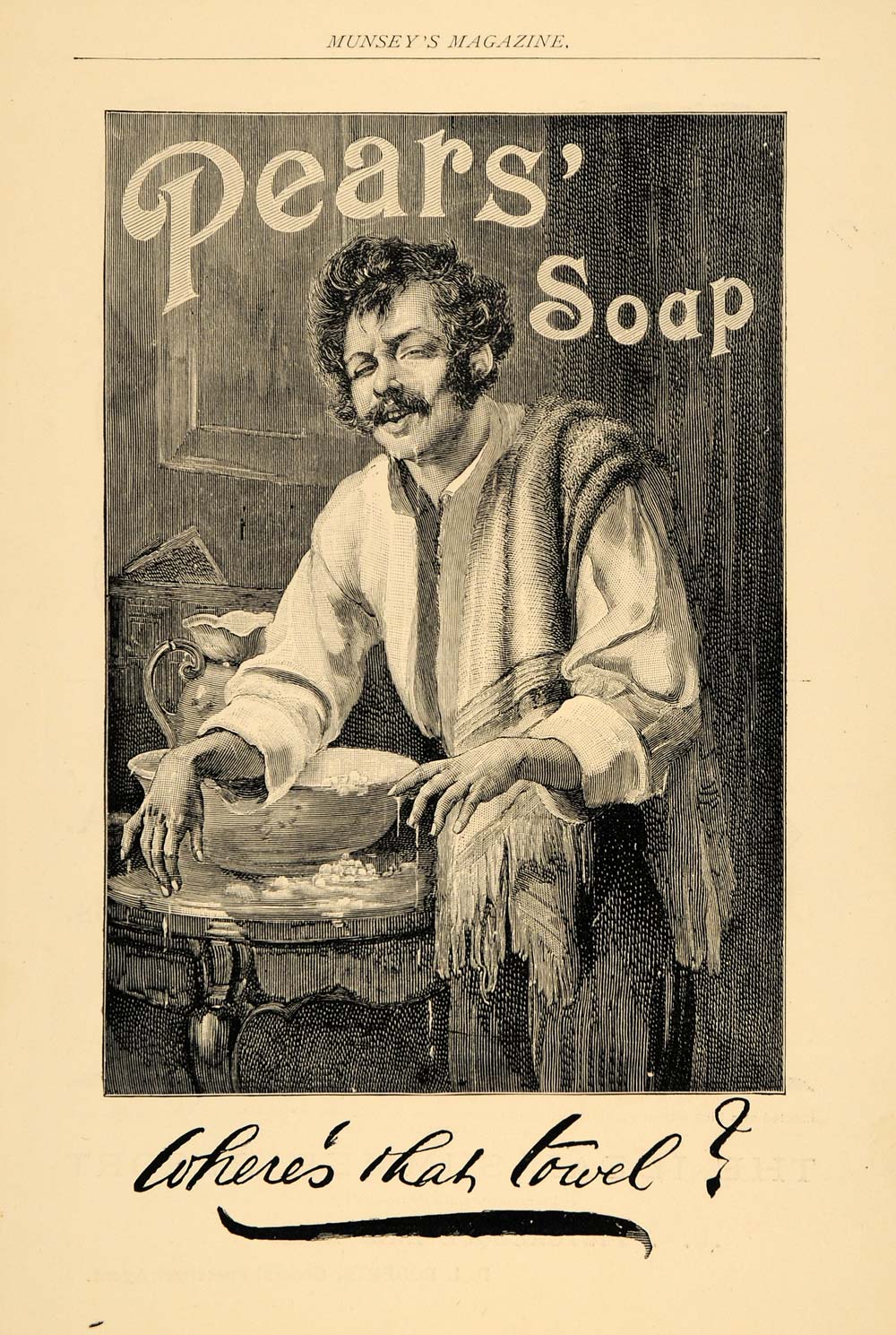 1895 Ad Wet Man Needs Towel Pears Soap Oldest Brand - ORIGINAL ADVERTISING MUN1