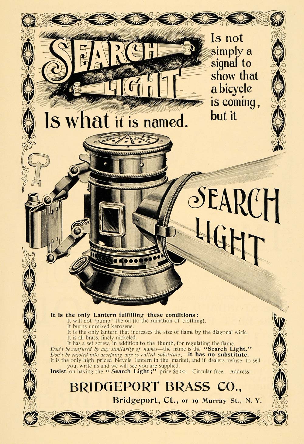 1895 Ad Search Light Bridgeport Brass Company Bicycle - ORIGINAL MUN1