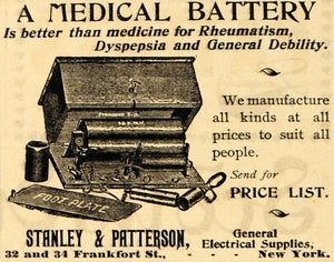 1895 Ad Medical Battery Stanley & Patterson Medicine - ORIGINAL ADVERTISING MUN1