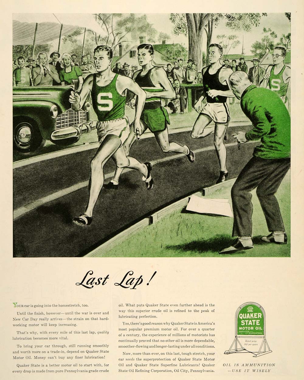 1945 Ad Quaker State Motor Oil Running Track Relay Race - ORIGINAL MX4