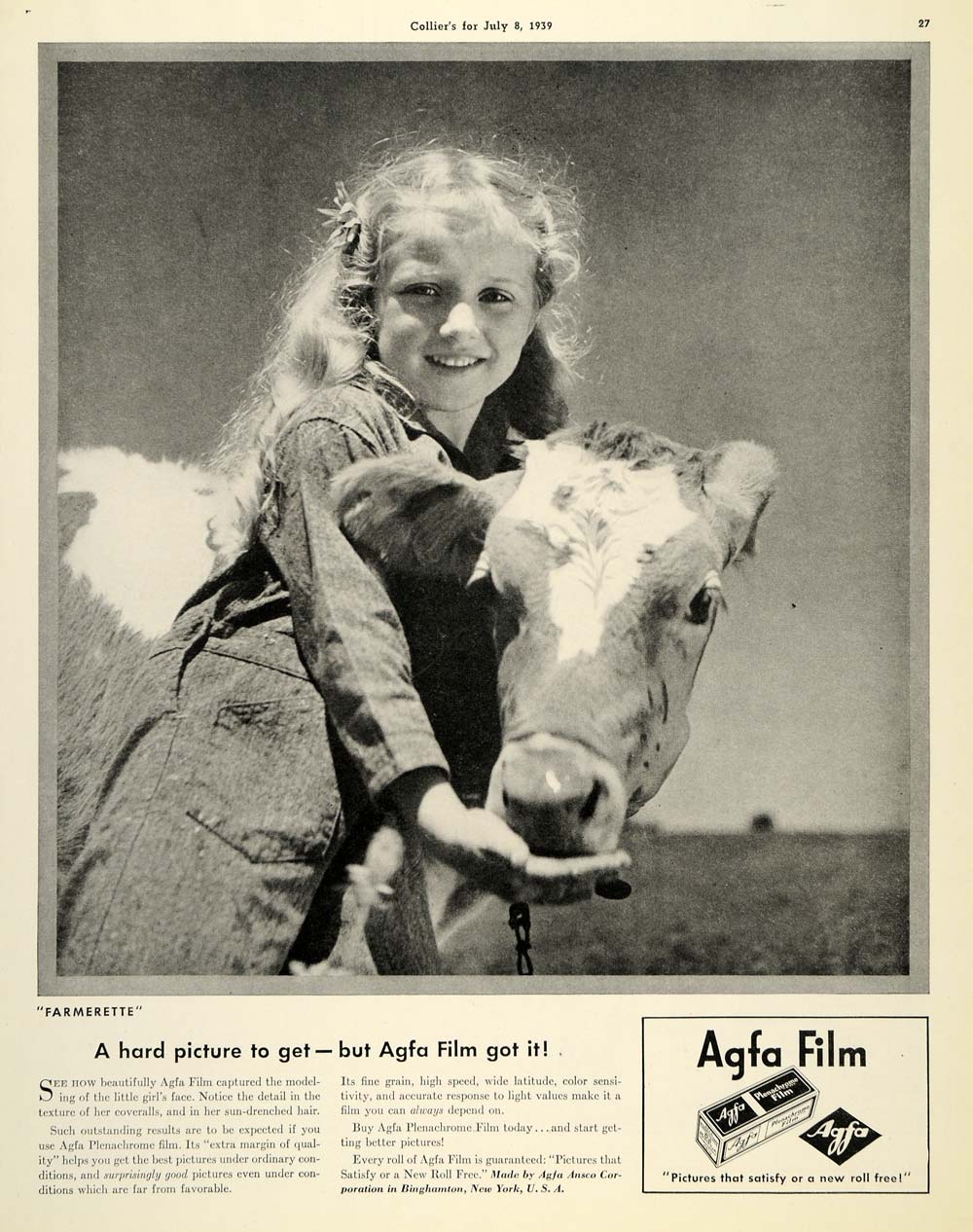 1939 Ad Agfa Film Picture Camera Girl Cow Roll Ansco - ORIGINAL ADVERTISING MX4