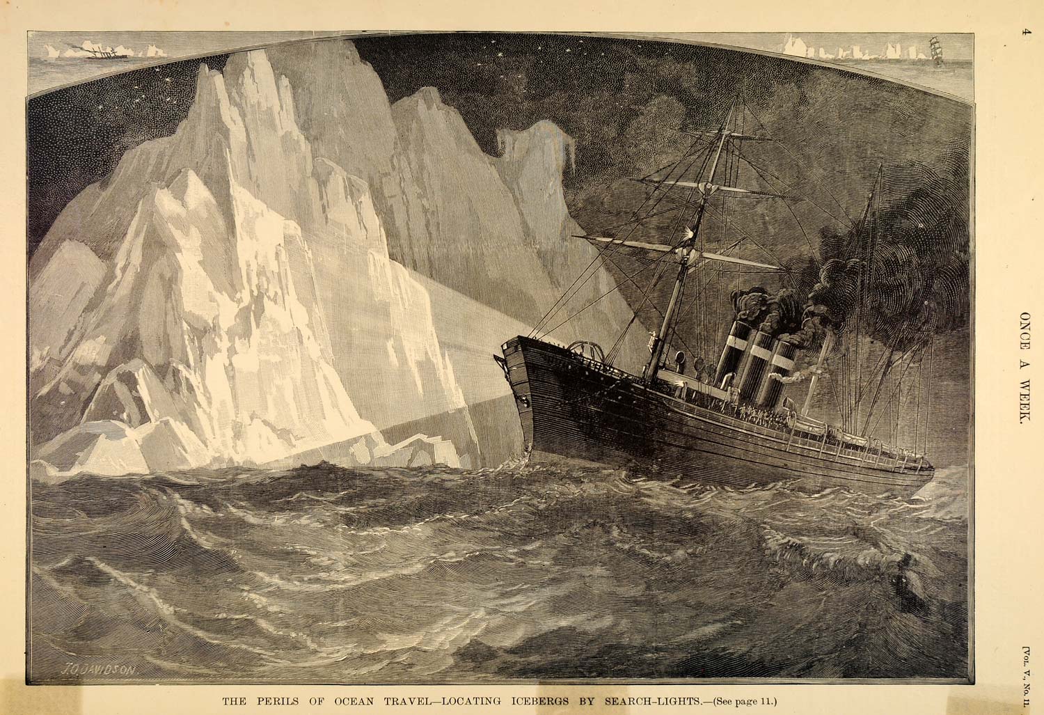 1890 Print Icebergs Ocean Travel Ship Search Lights Men ORIGINAL HISTORIC MX4