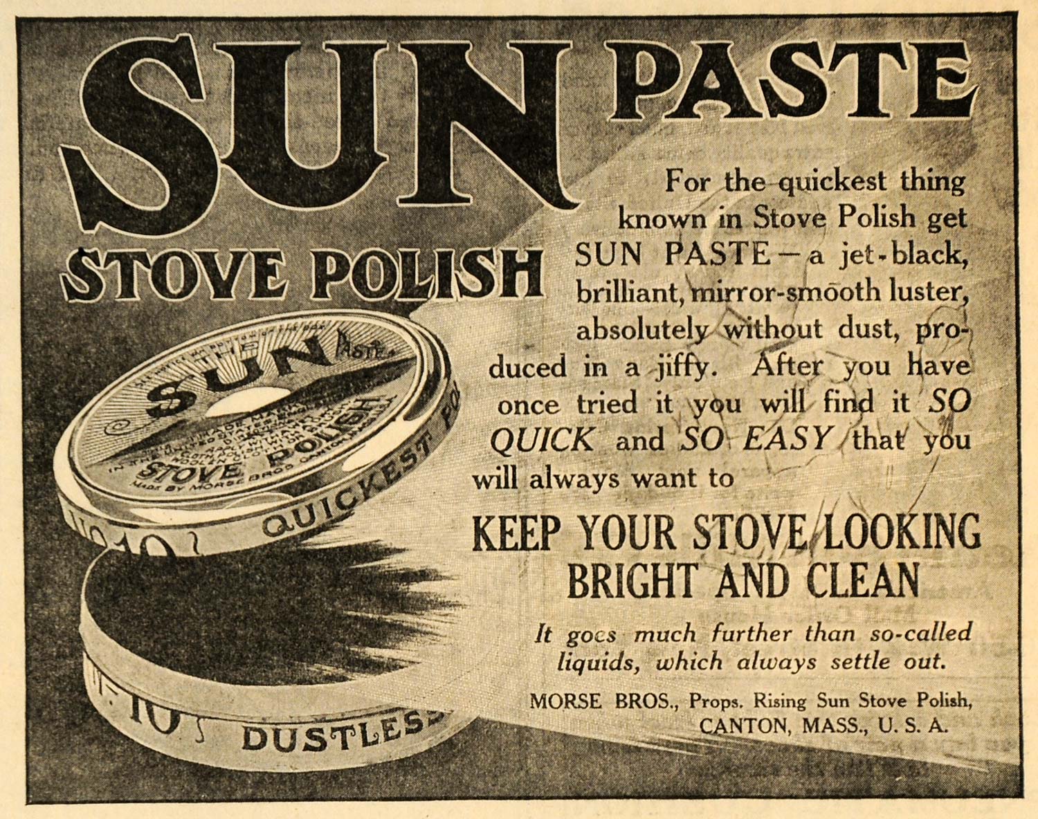 1911 Ad Morse Brothers Sun Paste Stove Polish Canton - ORIGINAL ADVERTISING MX5