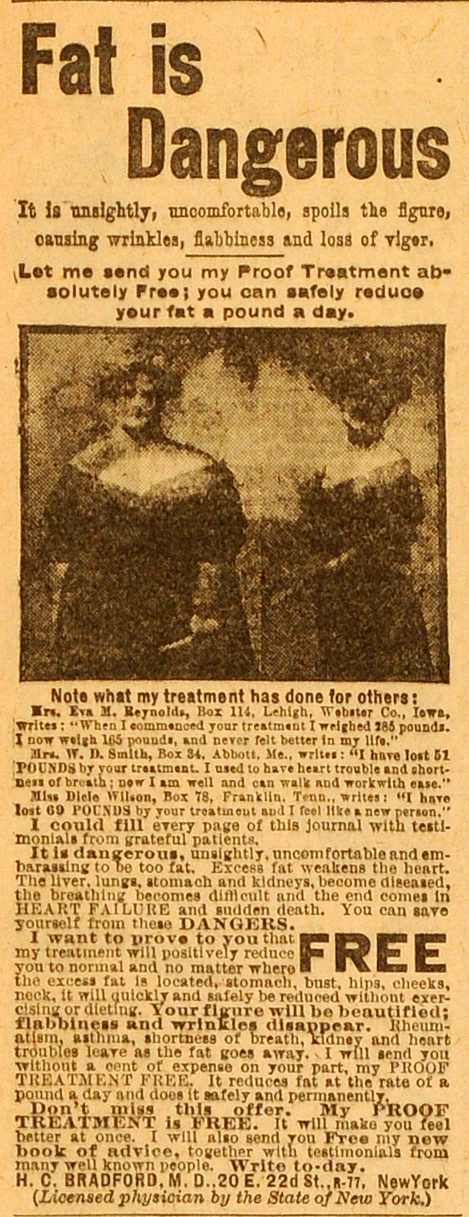 1909 Ad Dr. H.C. Bradford Fat Dangerous Weight Loss Medical Quackery MX7