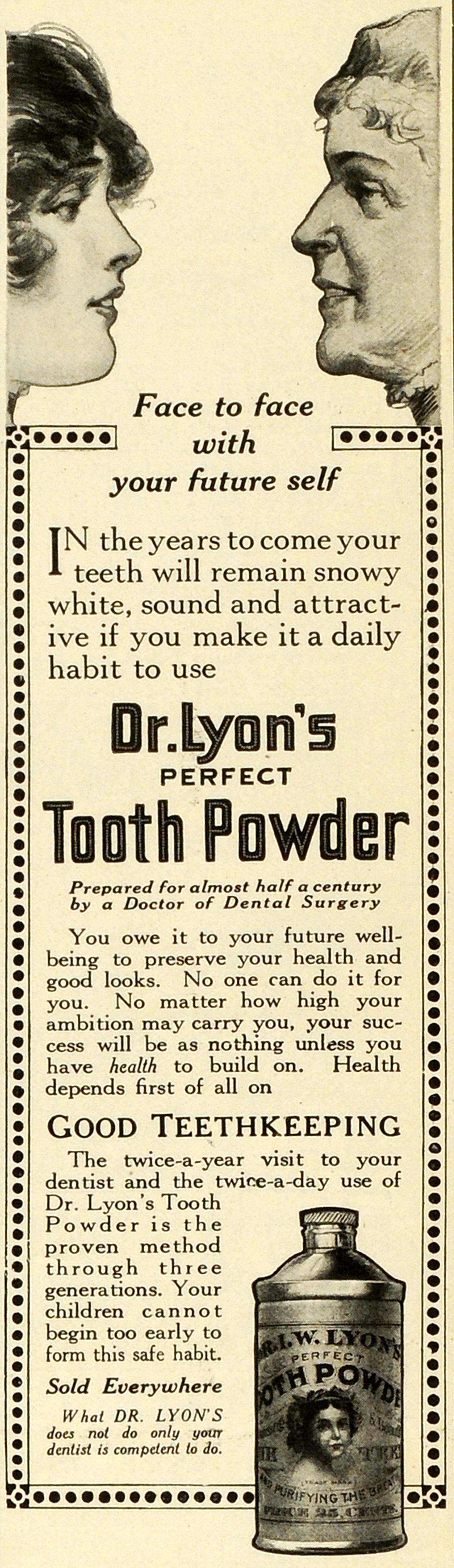 1913 Ad Dr. Lyon Perfect Tooth Powder Bottle Dental Hygiene Dentifrice Teeth MX7