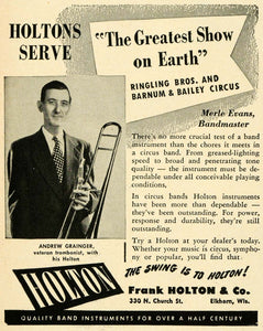 1952 Ad Holton Trombones Ringling Circus Grainger Evans - ORIGINAL MZ1