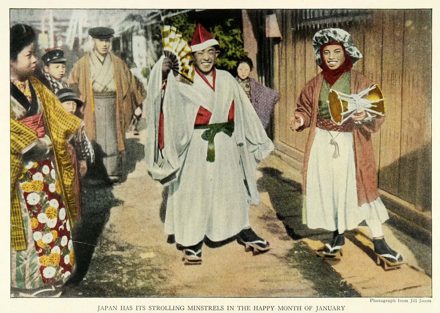 1922 Print Japanese New Year Minstrels Musical Instrument Drum Paper Fan NGM2