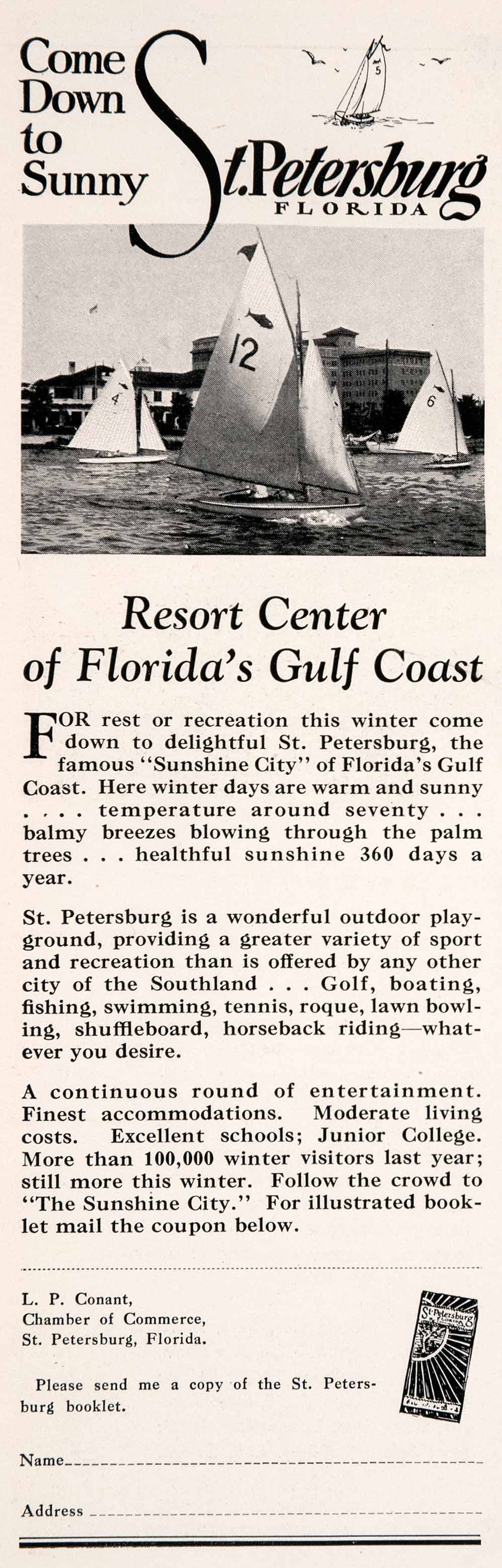 1928 Ad St. Petersburg Florida Resort Sailboat Racing Travel Tourism NGM3