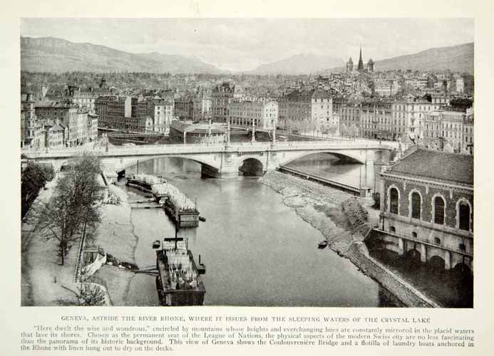 1919 Print Geneva Switzerland Crystal Lake Cityscape River Rhone Historical NGM5