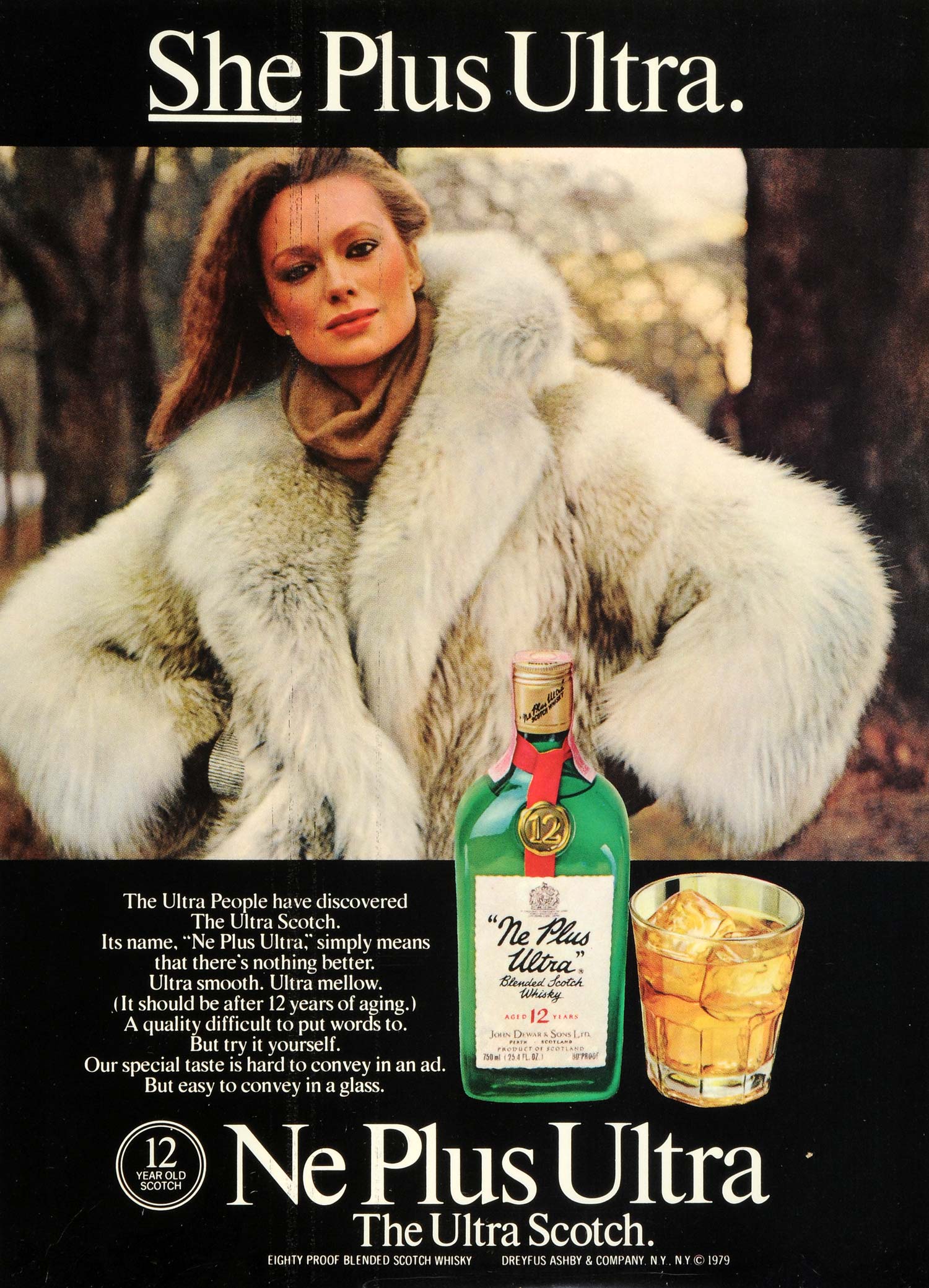 1979 Ad Ne Plus Ultra Scotch Whiskey Dreyfus Ashby Co Fur Coat Model NYM1