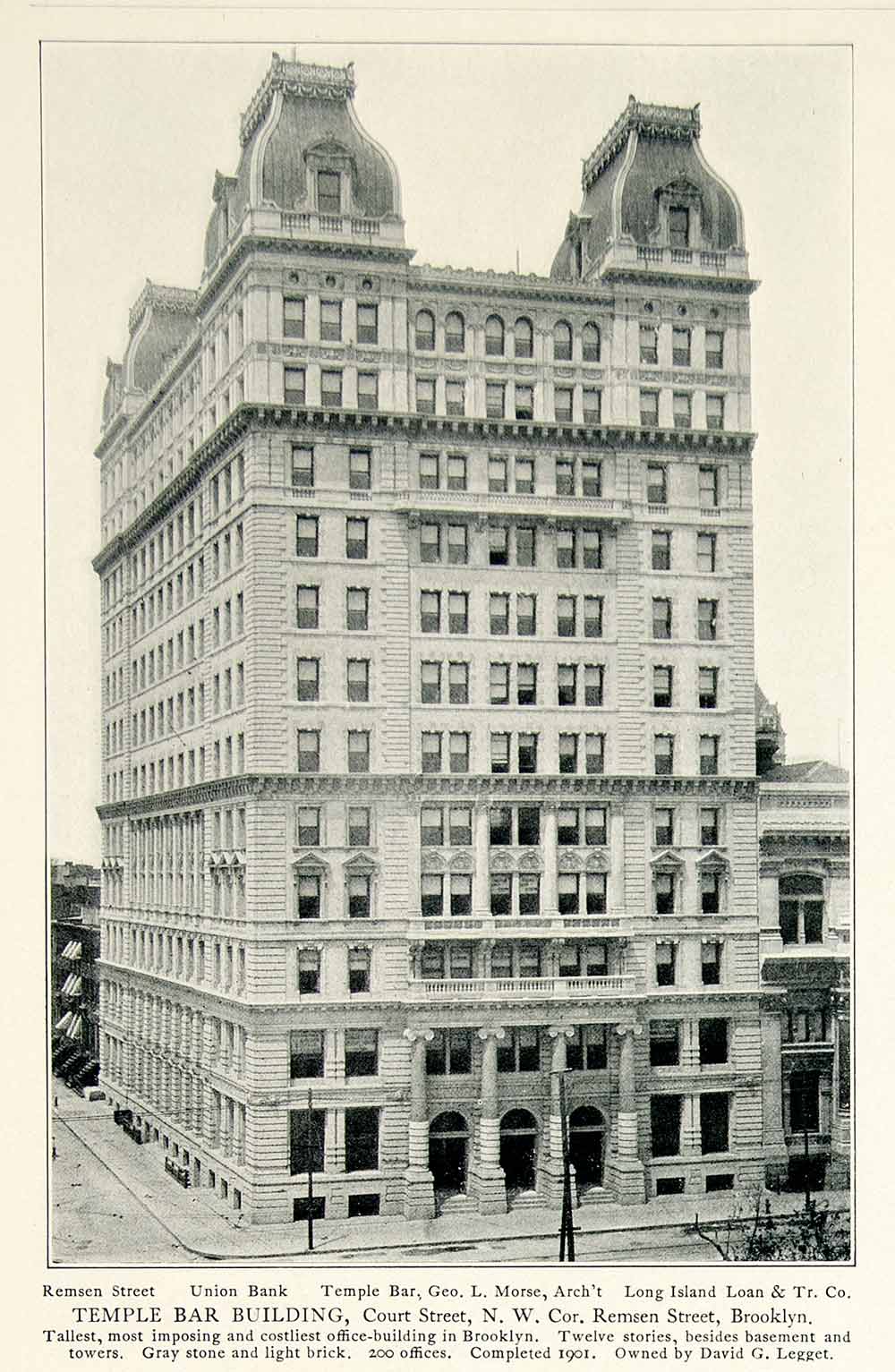 1903 Print Temple Bar Court Street Brooklyn David Legget Remsen Historic NYV1