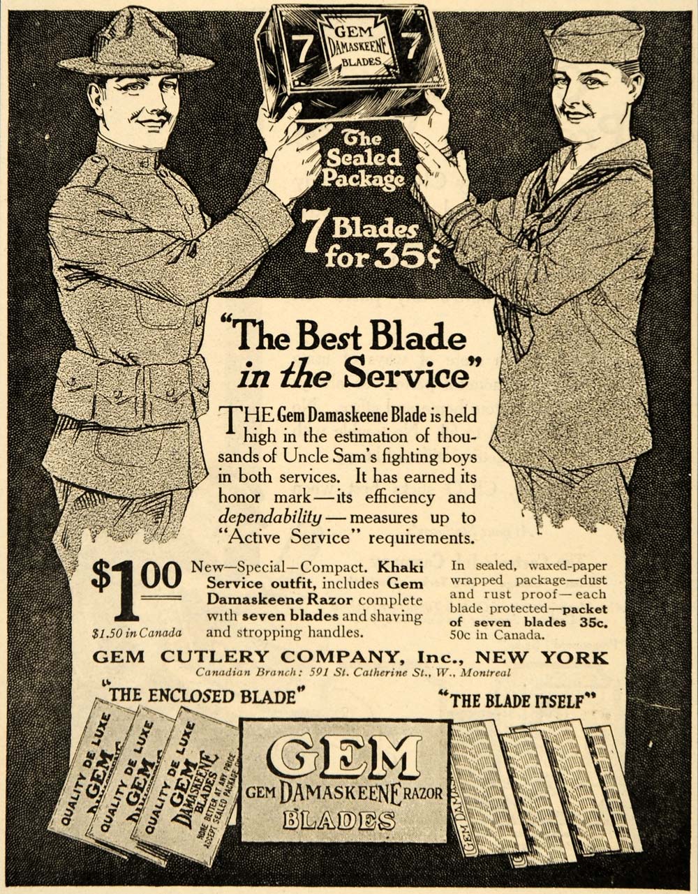 1918 Ad Gem Damaskeene Razor Blades Military Service - ORIGINAL ADVERTISING OD1