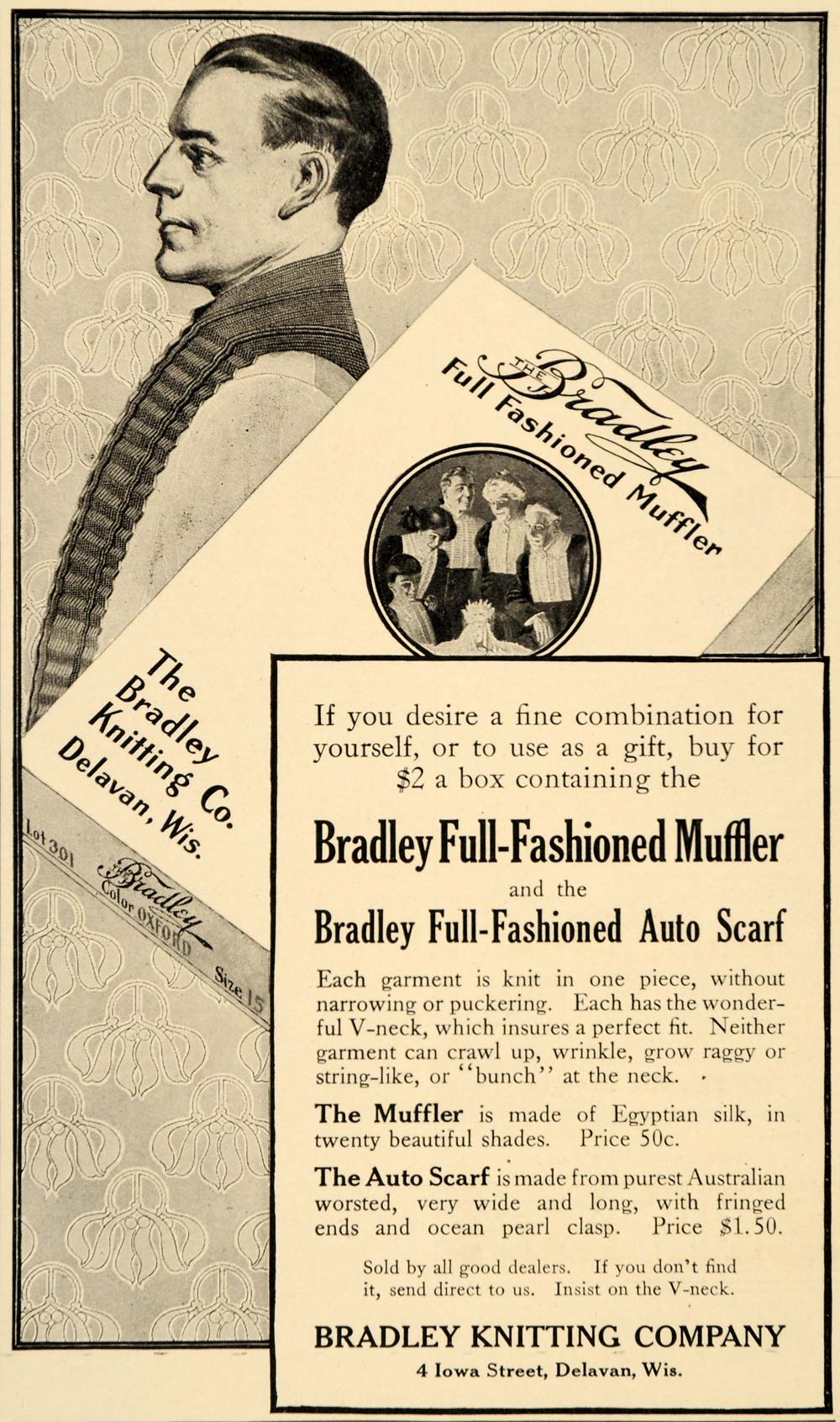1909 Ad Bradley Full Fashioned Muffler Scarf Delavan - ORIGINAL ADVERTISING OD3