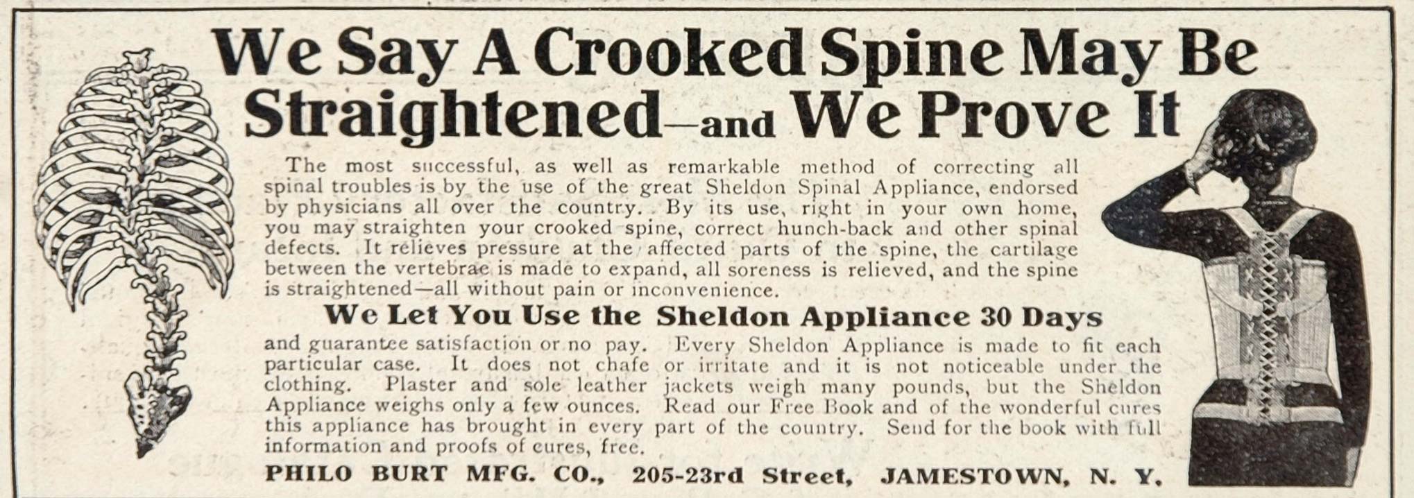 1908 ORIG. Ad Spine Spinal Curvature Sheldon Appliance - ORIGINAL OLD3