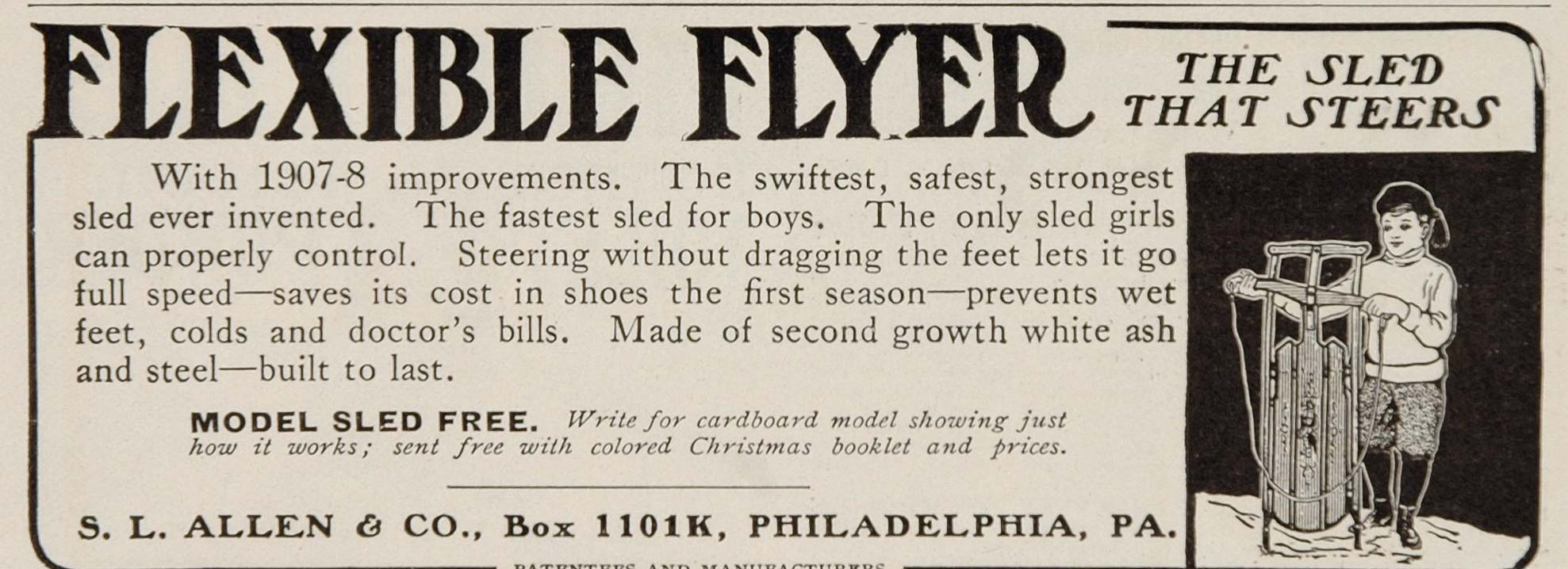 1908 Vintage Original Print Ad Flexible Flyer Sled NICE - ORIGINAL OLD3