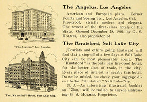 1903 Ad Angelus Hotel CA Knutsford Hotel Salt Lake City - ORIGINAL OWE1