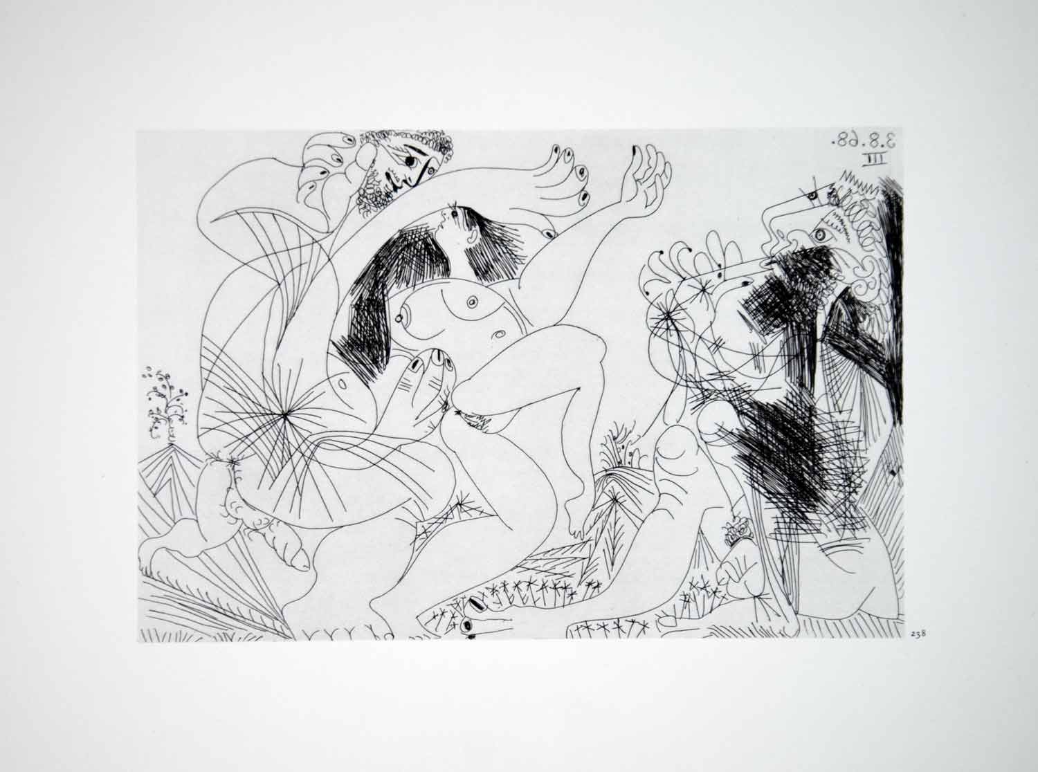 1970 Heliogravure Picasso Nude Female Male Dancing Lovers Panpipe Abstract P347B