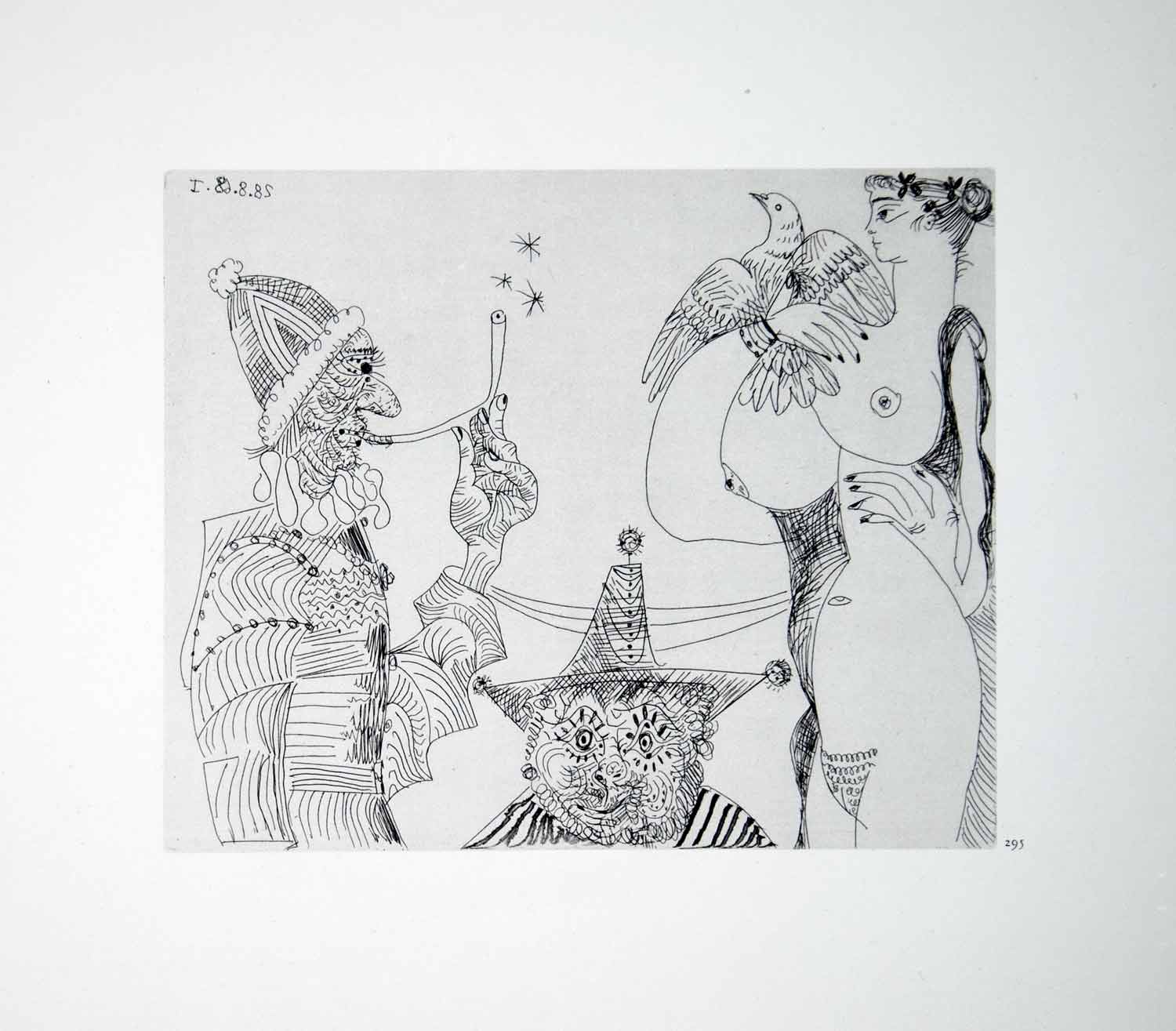 1970 Heliogravure Pablo Picasso Nude Female Bird Abstract Figures Etching P347B