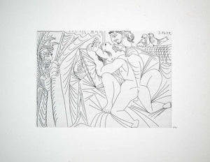 1970 Heliogravure Picasso Erotic Art Nude Lovers Male Female Birds Etching P347B