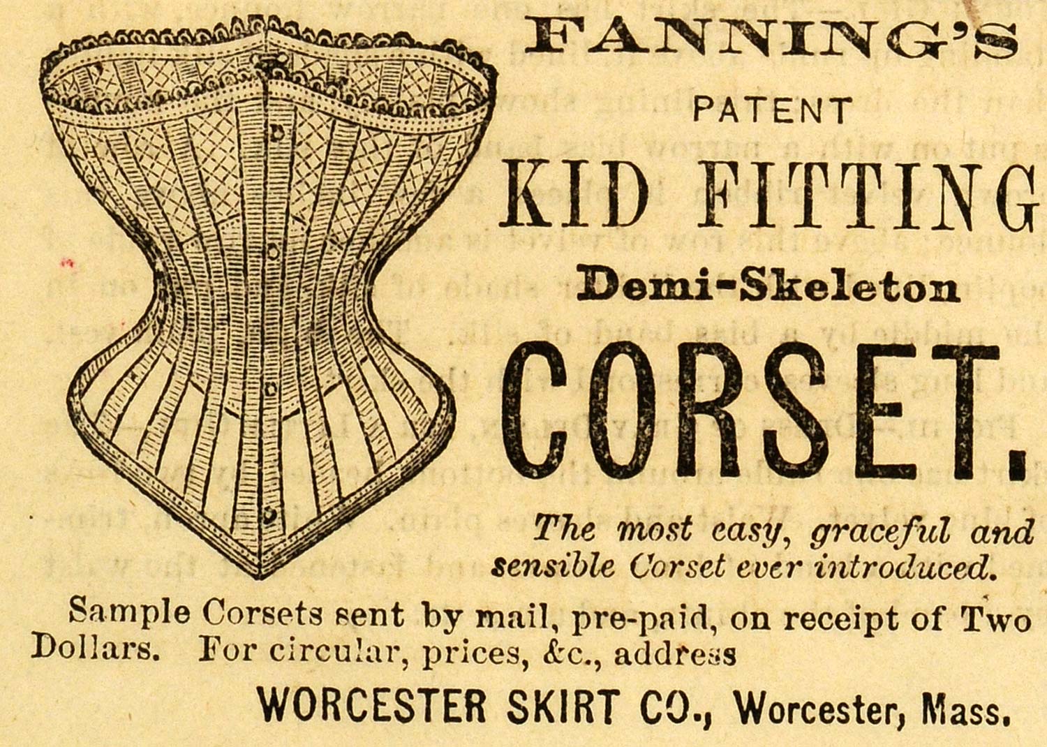 1871 Ad Fannings Patent Kid Fitting Demi-Skeleton Corset Worcester Ski –  Period Paper Historic Art LLC
