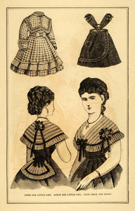 1871 Print Little Girl Dress Apron Cape Victorian Fashion Children Clothes PEM1