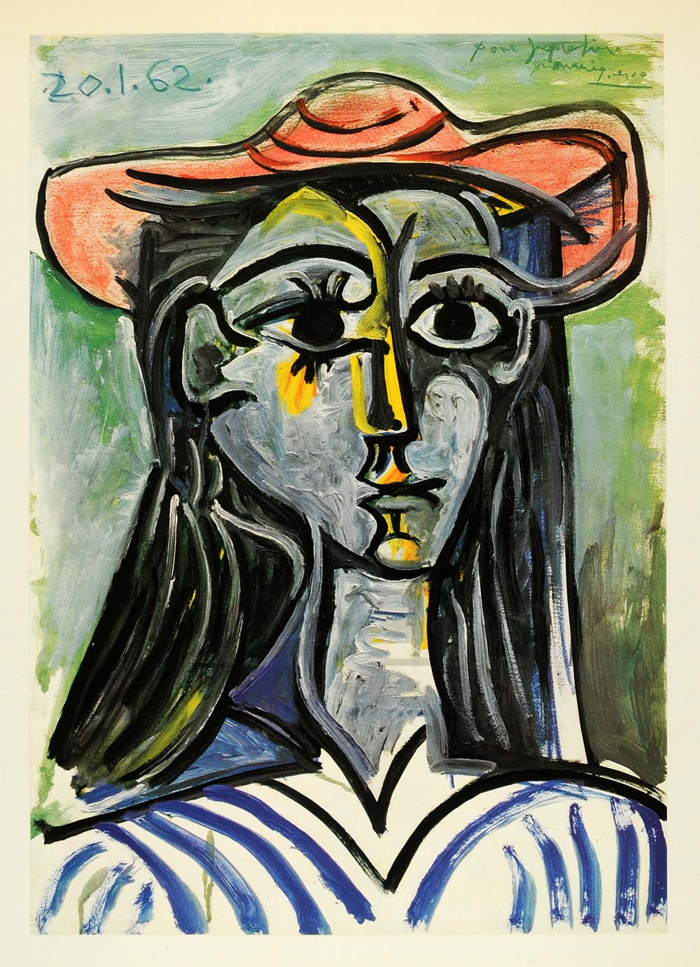 1964 Print Pablo Picasso Lady Portrait Pink Hat Stripes - ORIGINAL