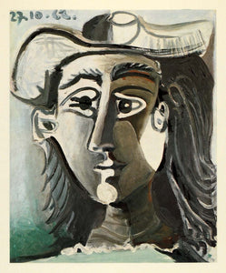 1964 Print Pablo Picasso Brown Gray Faced Lady Hat Eyes - ORIGINAL